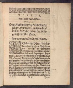 Textus. Auß dem H. Apostel Pauluo I Tim. 2 v. 15.