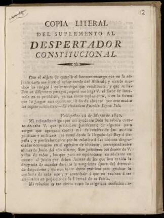 Copia Literal Del Suplemento Al Despertador Constitucional
