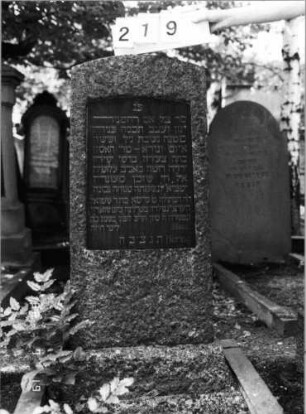 Grabstein 219 (Index: 100094419) Material: Granit Zustand: gut Maße HxBxT: 123x50x18 cm Beschreibung: konische Stele, Sockel, Segmentbogenabschluß, Schriftplatte Besonderheit: gereimter 8-Zeiler: Grabstein 219