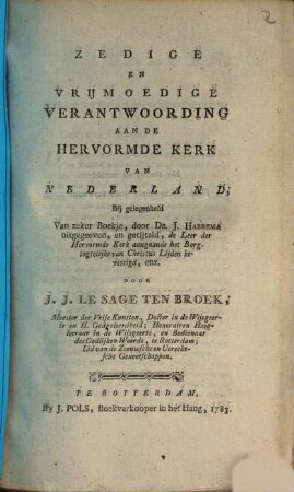 Zedige en vrijmoedige Verantwoording aan de Hervormde Kerk van Nederland