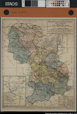 "Osnabrugensis Episcopatus Nova Delineatio liberali opera Georg Wilhelm L. B. de Bussche. . . et Franc Christian de Benoit" Ämter: Fürstenau, Vörden, Hunteburg, Wittlage, Grönenberg, Iburg Ausf.-Art: Farbiger Druck Herst.: Prof. Götting Format: 59 x 47,80 cm Maßstab: 1 : 142 857