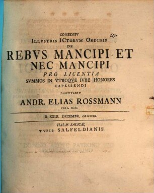Consensu illustris ICtorum ordinis de rebus mancipi et nec mancipi