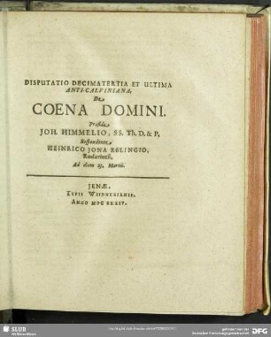 Disputatio Decimatertia Et Ultima Anti-Calviniana, De Coena Domini
