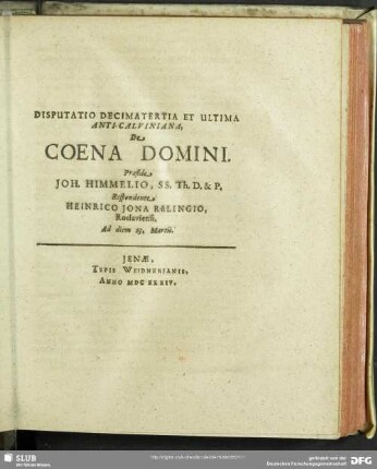 Disputatio Decimatertia Et Ultima Anti-Calviniana, De Coena Domini