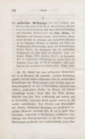 118-125 [Rezension] Reinke, Laurenz, Die messianischen Weissagungen bei den großen und kleinen Propheten des A. T.