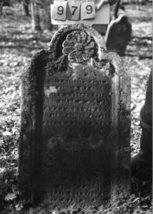 Grabstein 979 (Index: 99751381) Material: Sandstein Zustand: verwittert, Stele eingesunken Maße HxBxT: 108x64x10 cm Beschreibung: Stele, geschwungen eingezog. Rundbogenabschl. , Schriftfeld eingetieft Symbolik: Blüte, Ranken: Grabstein 979