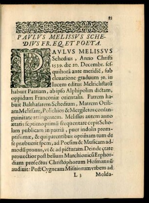 Paulus Melissus Schedius Fr. Eq. Et Poeta.