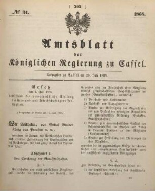 № 34. Ausgegeben zu Cassel am 20. Juli 1868.