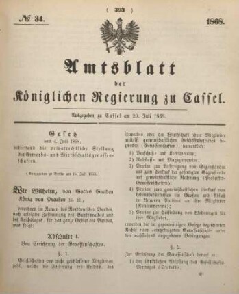 № 34. Ausgegeben zu Cassel am 20. Juli 1868.