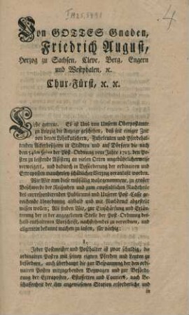 Von Gottes Gnaden, Friedrich August, Herzog zu Sachsen, Cleve, Berg, Engern und Westphalen, ec. Chur-Fürst, ec. ec.
