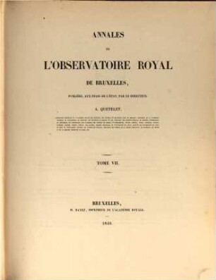 Annales de l'Observatoire Royal de Bruxelles. 7, 7. 1849