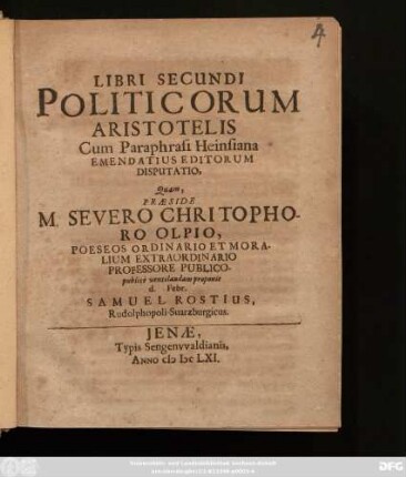 Libri Secundi Politicorum Aristotelis Cum Paraphrasi Heinsiana Emendatius Editorum Disputatio