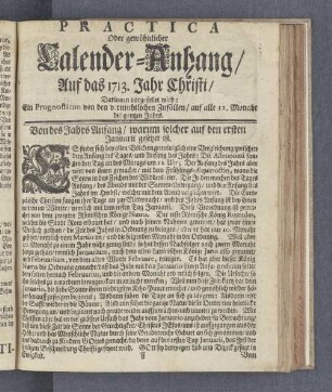 Practica Oder gewöhnlicher Calender-Anhang/ Auf das 1713. Jahr Christi