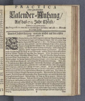 Practica Oder gewöhnlicher Calender-Anhang/ Auf das 1713. Jahr Christi