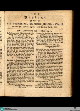 Großherzoglich Badisches Anzeige-Blatt für den See-, Donau-, Wiesen- und Dreisam-Kreis, Beylage des Großherzogl. Badischen Anzeige-Blatts für den See, Donau, Wiesen und Dreisam-Kreis