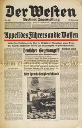 Berliner Tageszeitung "Der Westen" zum Überfall der Wehrmacht auf Polen