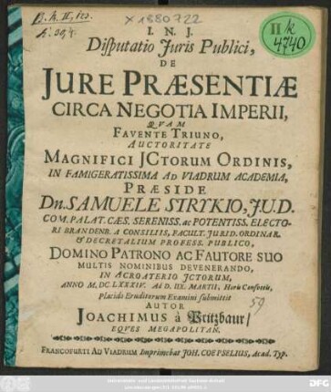 Disputatio Iuris Publici, De Iure Praesentiae Circa Negotia Imperii