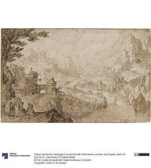 Gebirgige Flusslandschaft mit Abraham und den drei Engeln