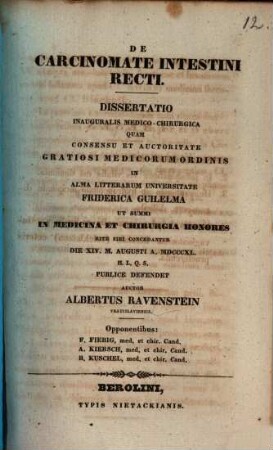 De carcinomate intestini recti : diss. inaug. med. chir.