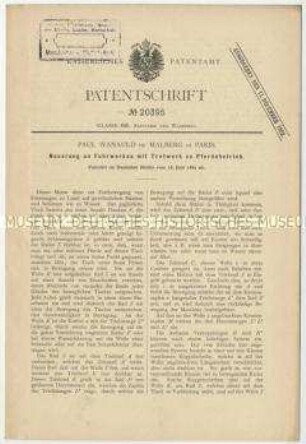 Patentschrift einer Neuerung an Fuhrwerken mit Tretwerk zu Pferdebetrieb, Patent-Nr. 20395