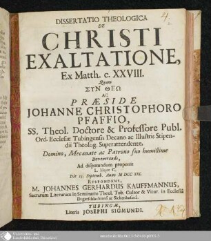 Dissertatio Theologica De Christi Exaltatione, Ex Matth. c. XXVIII