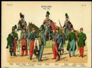 Uniformdarstellung, Gemeine, Trompeter, Offiziere, Leutnant und Oberst verschiedener Husaren-Regimenter, Frankreich, 1844/1845.