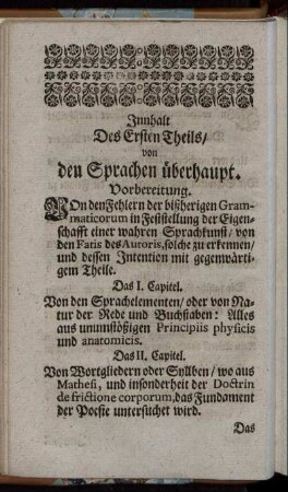 Innhalt Des Ersten Theils/ von den Sprachen überhaupt.