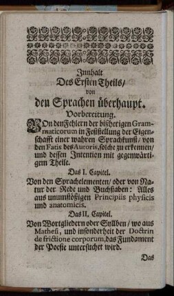 Innhalt Des Ersten Theils/ von den Sprachen überhaupt.
