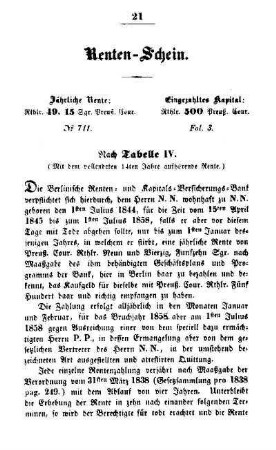 Renten-Schein. Nach Tabelle IV. (Mit dem vollendeten 14ten Jahre aufhörende Rente)