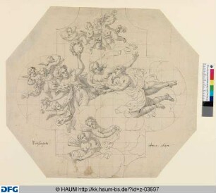 Entwurf zu einem rechteckigen Deckengemälde mit halbkreisförmigen Erweiterungen an der Langseite: Drei auf Wolken schwebende weibliche Figuren umgeben von Putten und zwei geflügelten weiblichen Wesen