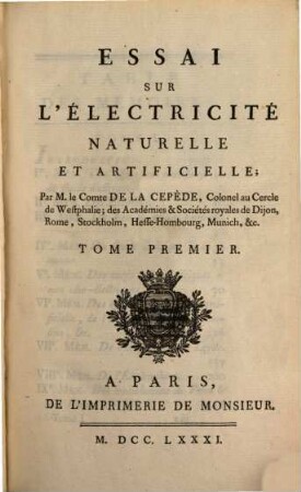 Essai Sur L'Électricité Naturelle Et Artificielle, 1