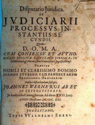 Disputatio iuridica de iudiciarii processus instantiis secundis : in Auditorio Canonistarum ...