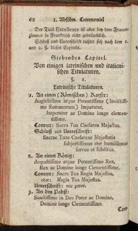 Siebendes Capitel. Von einigen lateinischen und italienischen Titulaturen.