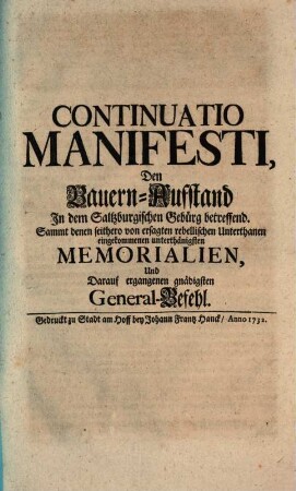 Continuatio Manifesti, den Bauern-Auffstand in dem Saltzburgischen Gebürg betreffend