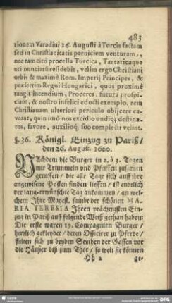 §. 36. Königl. Einzug zu Pariß, den 26. August. 1660