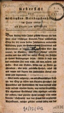 Übersicht der wichtigsten Weltbegebenheiten im Jahre .... 1809