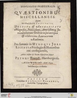 Disputatio Inauguralis De Quaestionibus Miscellaneis