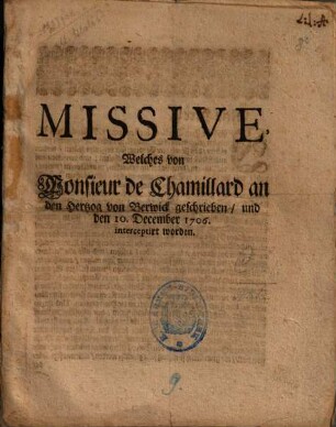 Missive, Welches von Monsieur de Chamillard an den Hertzog von Berwick geschrieben, und den 10. December 1706. interceptirt worden