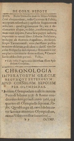 Chronologia Imperatorum Graeciae Regumque Exterorum Apud Cornelium Nepotem Per Olympiadas.