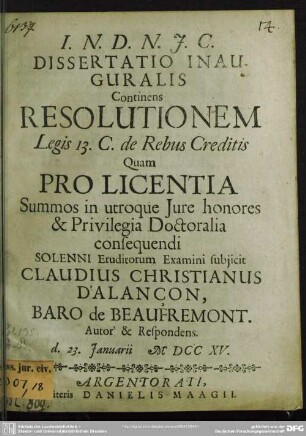 Dissertatio Inauguralis Continens Resolutionem Legis 13. C. de Rebus Creditis