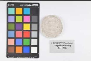 Siegler: Rüthen, Burgmannschaft Überlieferungsart: Nachbildung. Stoff: Gips Farbe: ungefärbt Form: rund. Durchmesser: 42 mm Art: Typ: Umschrift: