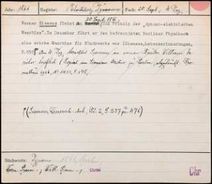 Werner Siemens findet am 20. Sept. 1866 das Prinzip der "dynamo-elektrischen Maschine"