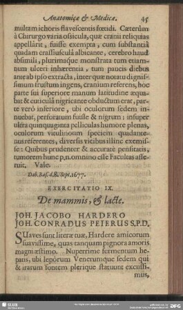 Exercitatio IX. De mammis, & lacte. Joh. Jacobo Hardero Joh. Conradus Peierus S. P. D.