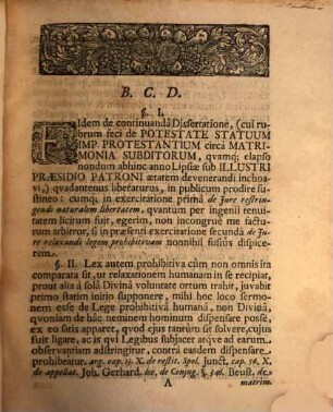De Potestate Statuum Imperii Protestantium circa Matrimonia Subditorum Dissertatio Prima Eaqve [eaque] De Iure Restringendi Libertatem Naturalem circa Eadem