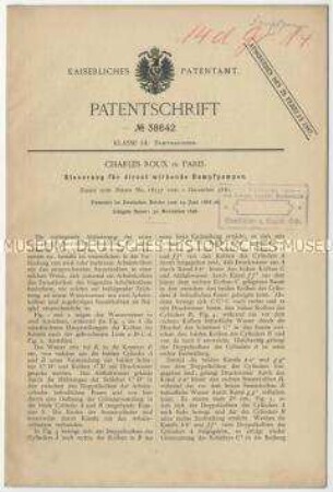 Patentschrift einer Steuerung für direkt wirkende Dampfpumpen, Patent-Nr. 38642