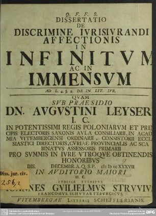 Dissertatio De Discrimine Iurisiurandi Affectionis In Infinitum Ac In Immensum : Ad L. 4. §. 2. De In Lit. Iur.