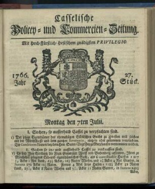 27. Stueck, Montag den 7ten Julii 1766