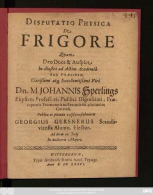 Disputatio Physica De Frigore