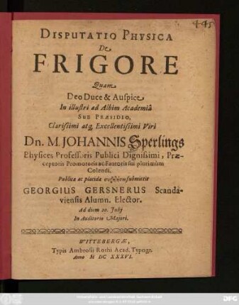 Disputatio Physica De Frigore