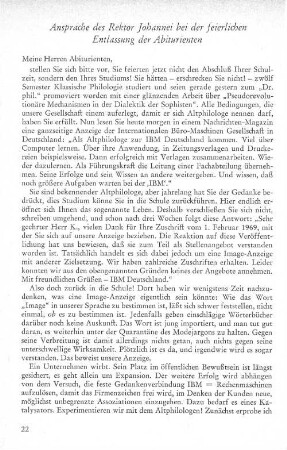 Ansprache des Rektor Johannei bei der feierlichen Entlassung der Abiturienten